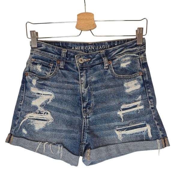 AMERICAN EAGLE Mom Shorts‎ Distressed Jean Cutoffs Women 2 High Rise Blue Cuffed - Picture 1 of 10